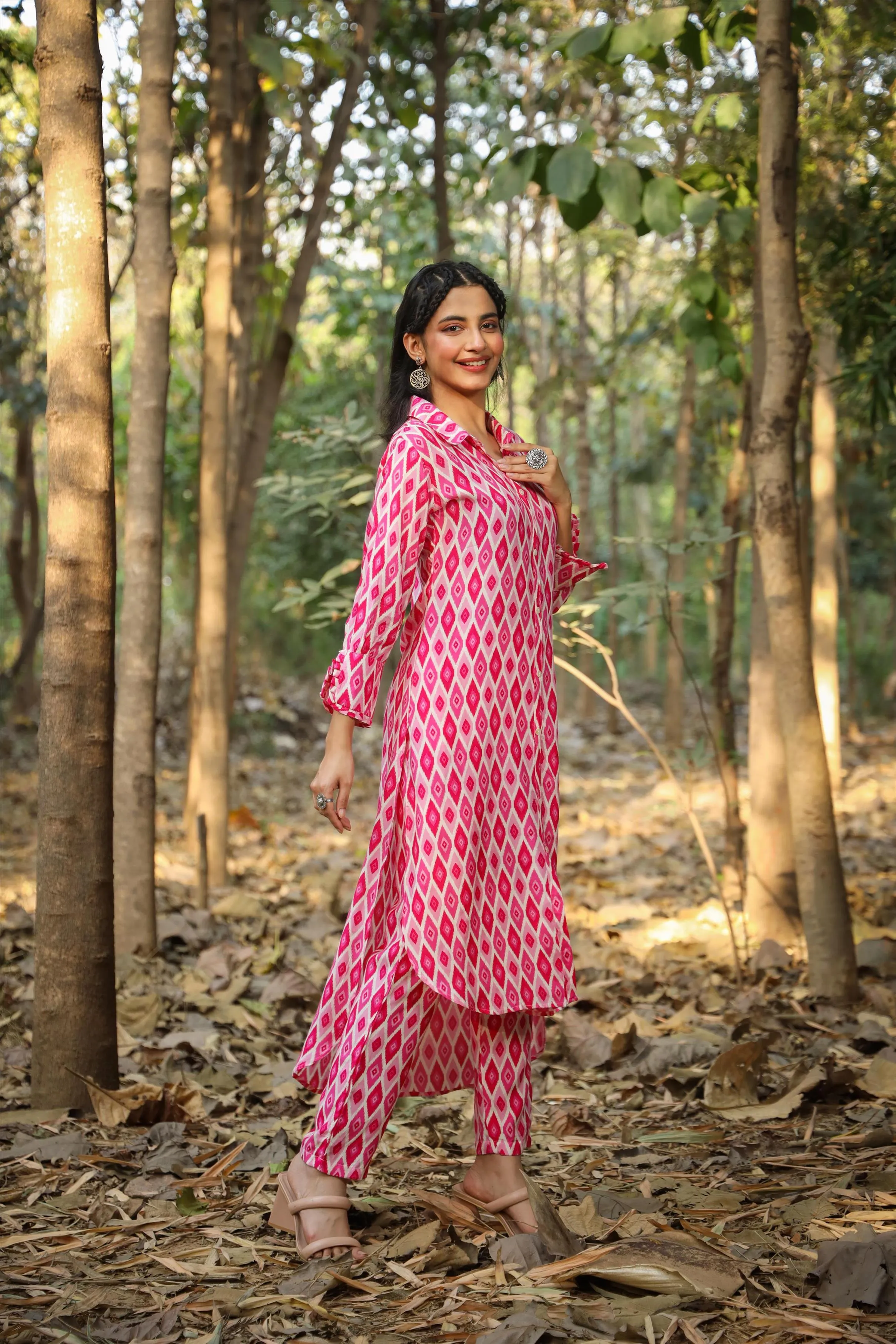 Pink Muslin Ikat Print Co-Ord Set