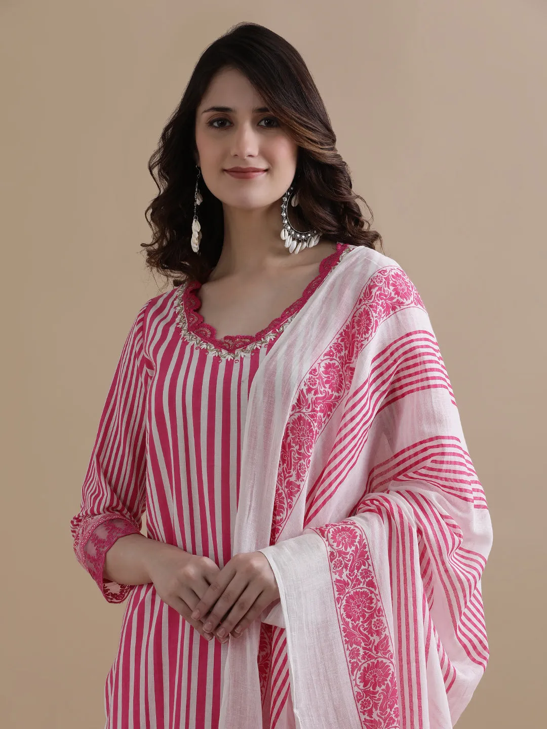 Pink Striped Printed Thread Work Pure Cotton Kurta With Pant & Mulmul Dupatta