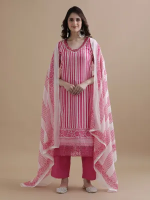 Pink Striped Printed Thread Work Pure Cotton Kurta With Pant & Mulmul Dupatta