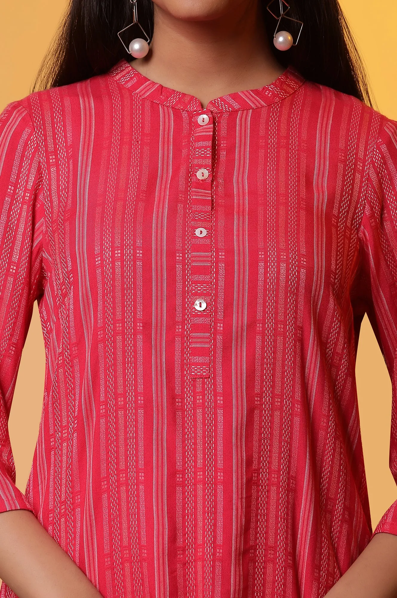 Pink Striped Yarn-Dyed Kurta and Trousers Co-ord Set