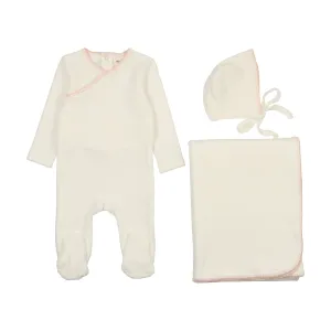 Pink tint embroidered cream 3 pc set by Mema Knits