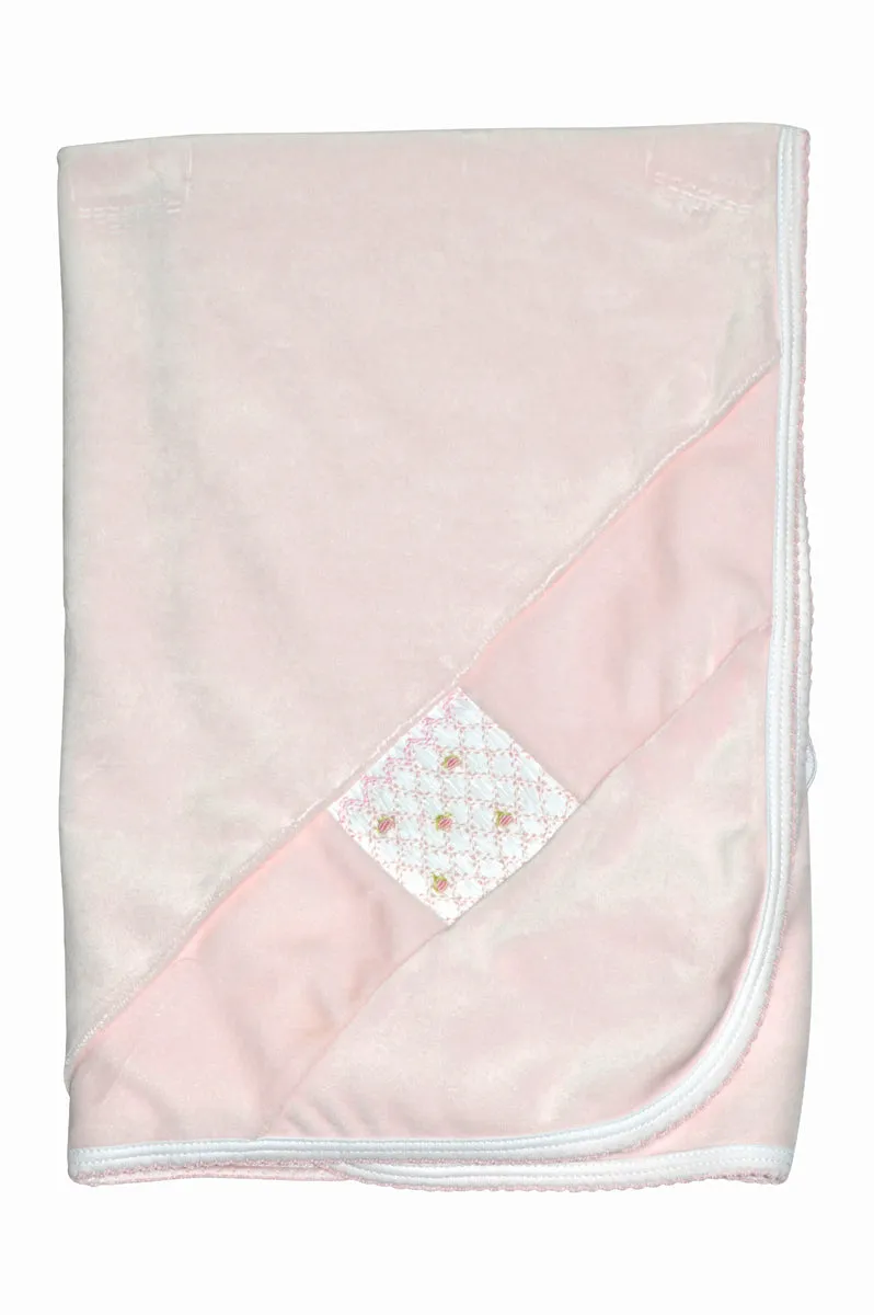 Pink Velour Hand Smocked Footie, blanket and hat Baby girls gift set.