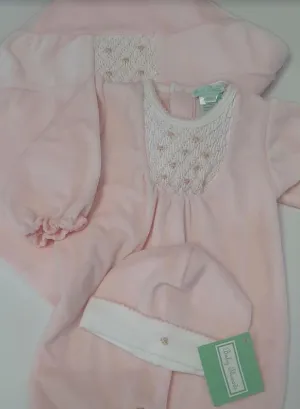 Pink Velour Hand Smocked Footie, blanket and hat Baby girls gift set.