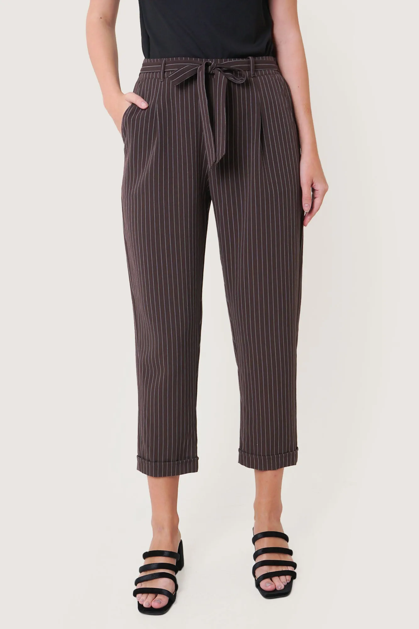 Pinstriped Ankle-Length Pull Up Trousers with Tie