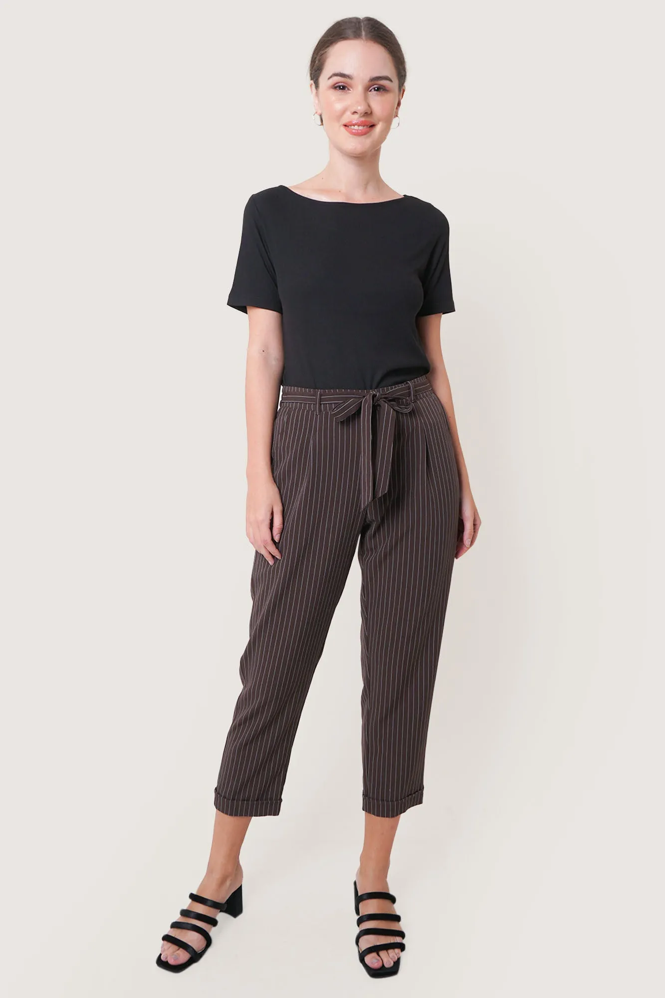 Pinstriped Ankle-Length Pull Up Trousers with Tie