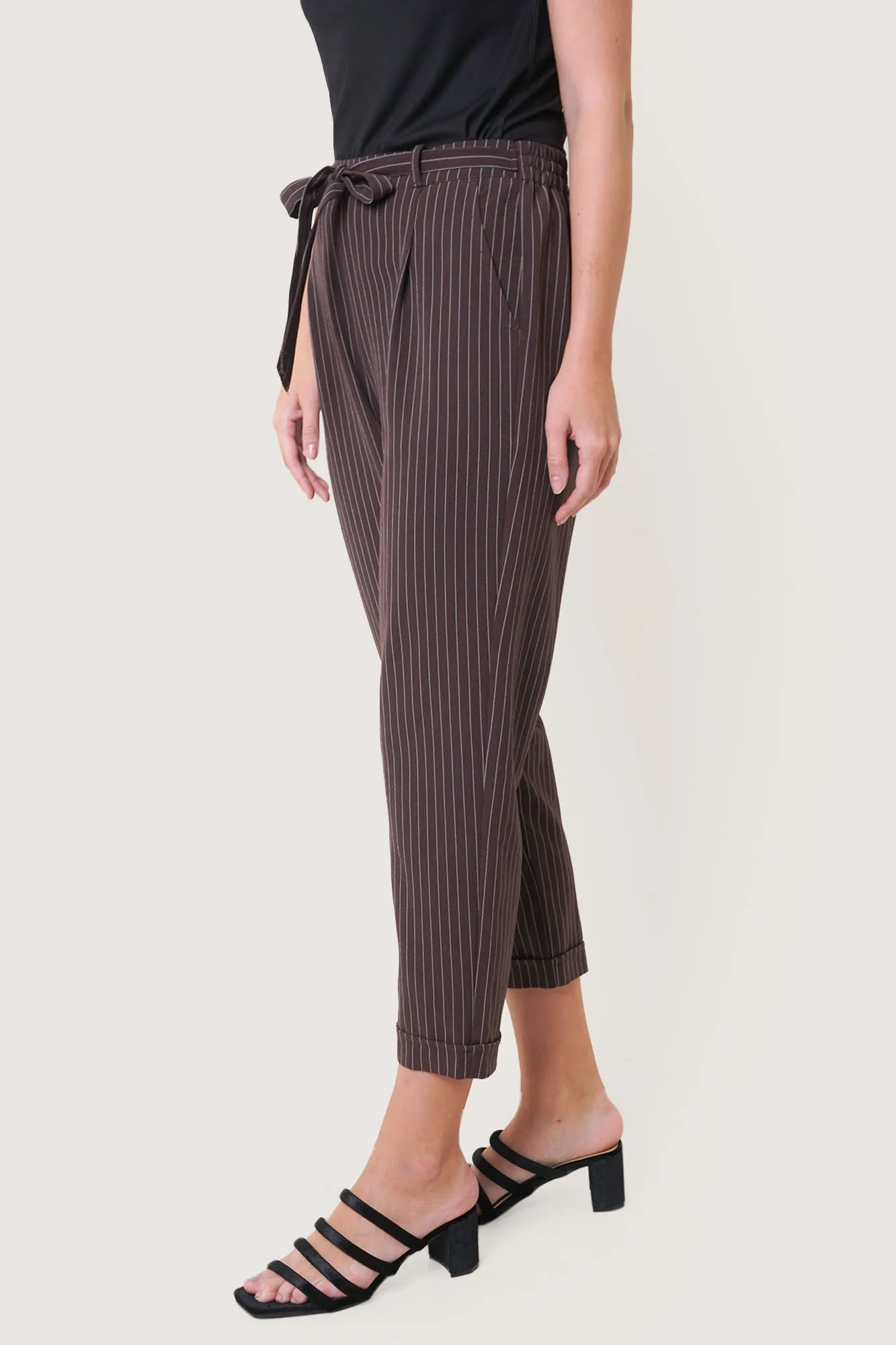 Pinstriped Ankle-Length Pull Up Trousers with Tie