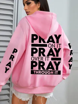 Plus Size PRAY Print Kangaroo Pocket Hoodie
