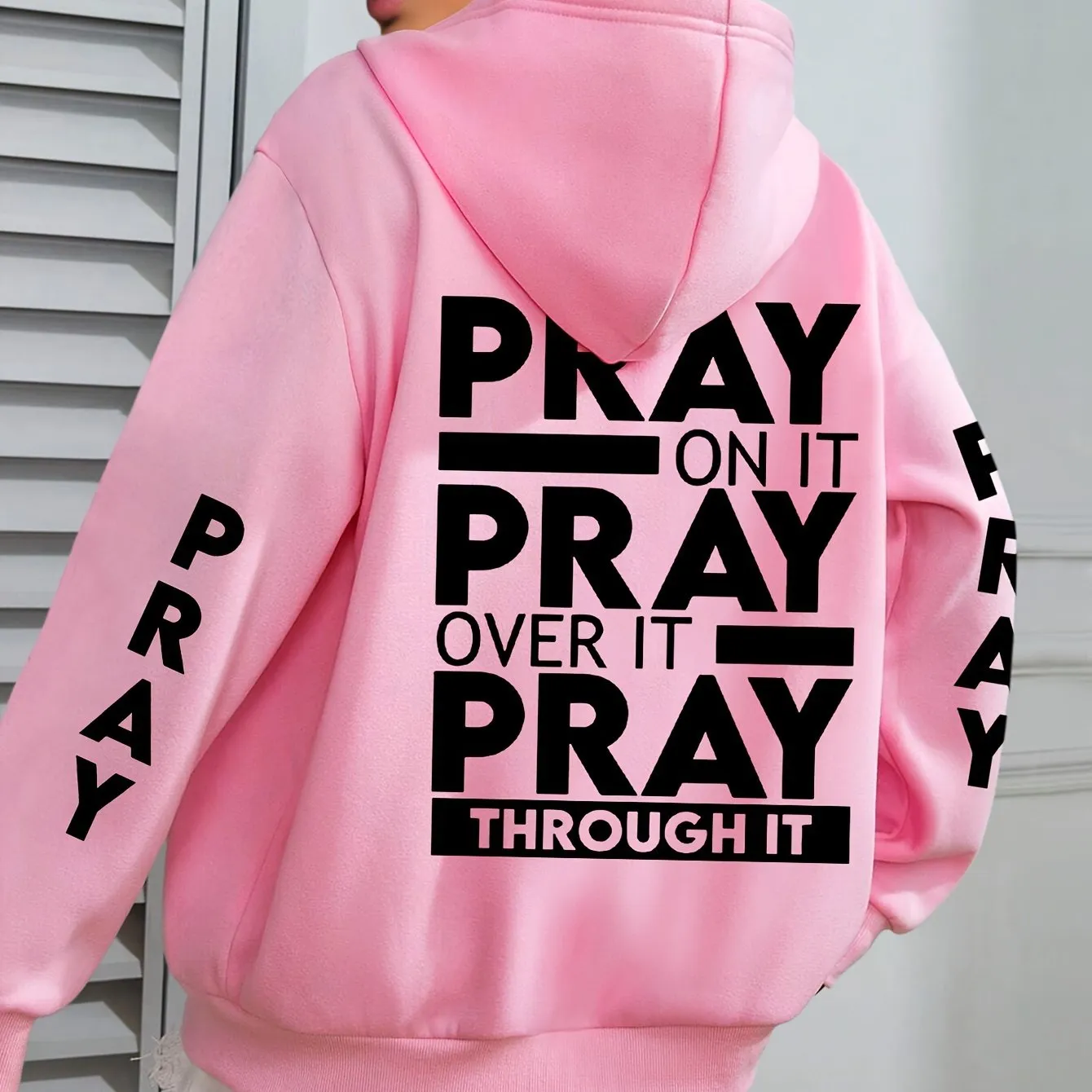 Plus Size PRAY Print Kangaroo Pocket Hoodie