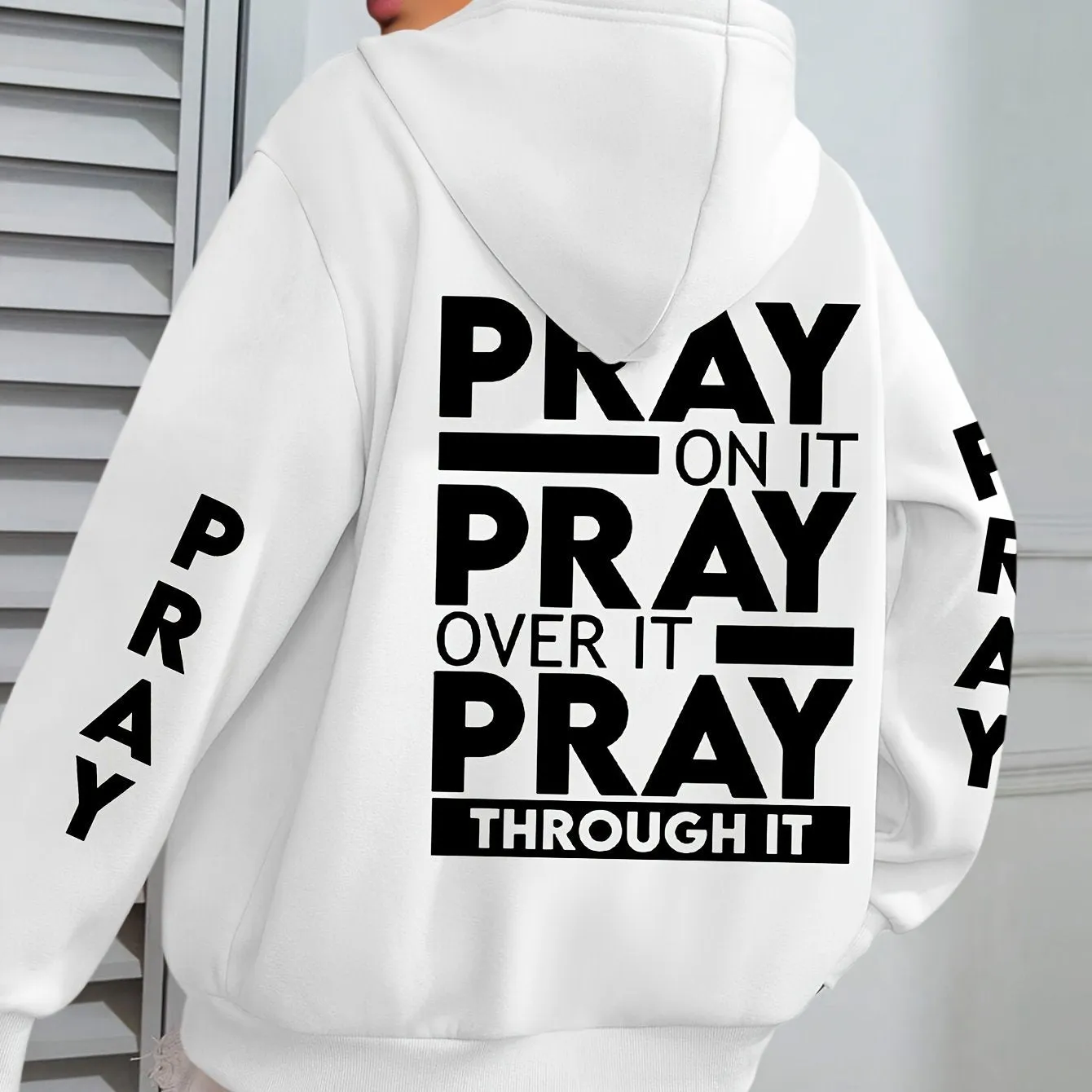 Plus Size PRAY Print Kangaroo Pocket Hoodie