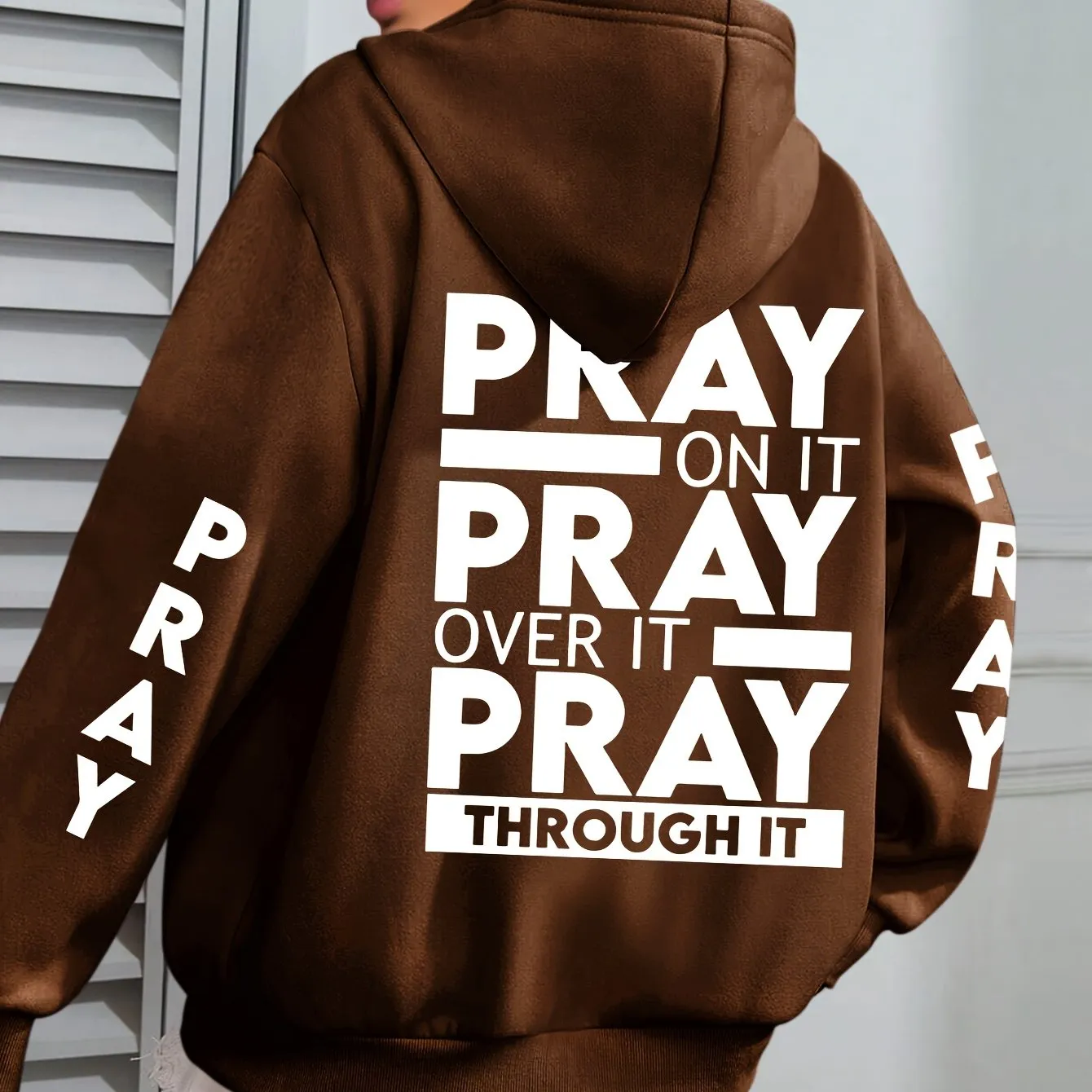 Plus Size PRAY Print Kangaroo Pocket Hoodie
