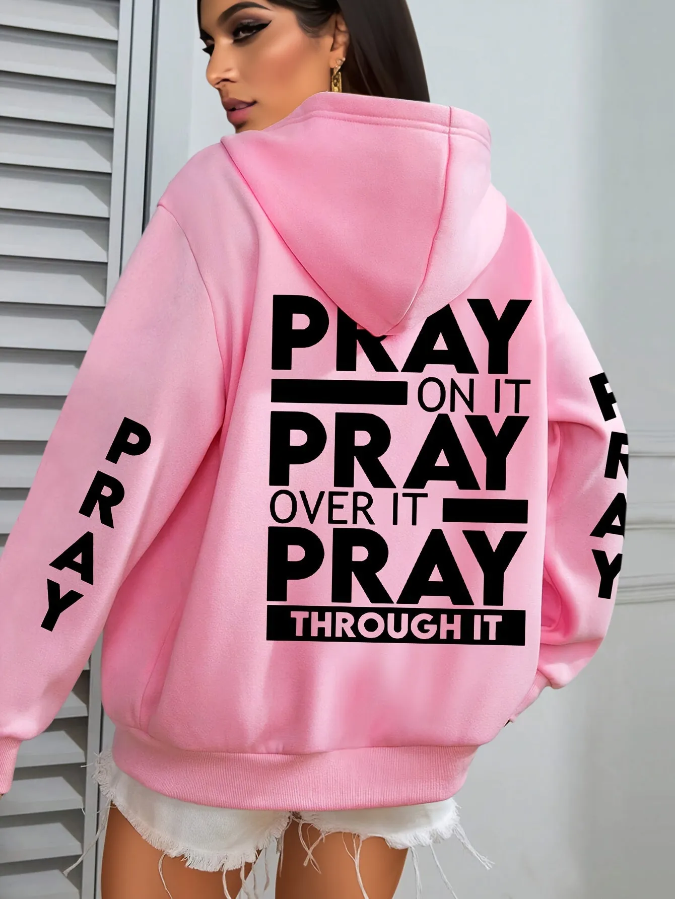 Plus Size PRAY Print Kangaroo Pocket Hoodie