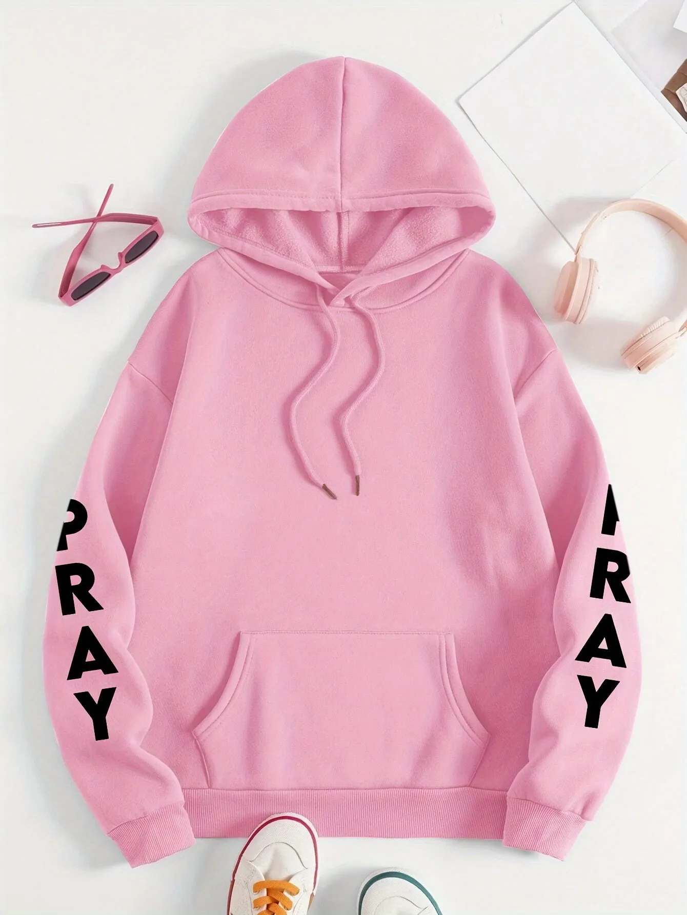 Plus Size PRAY Print Kangaroo Pocket Hoodie