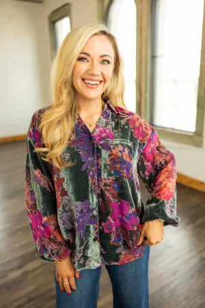 POPPY VELVET LONG SLEEVE BUTTON DOWN TOP