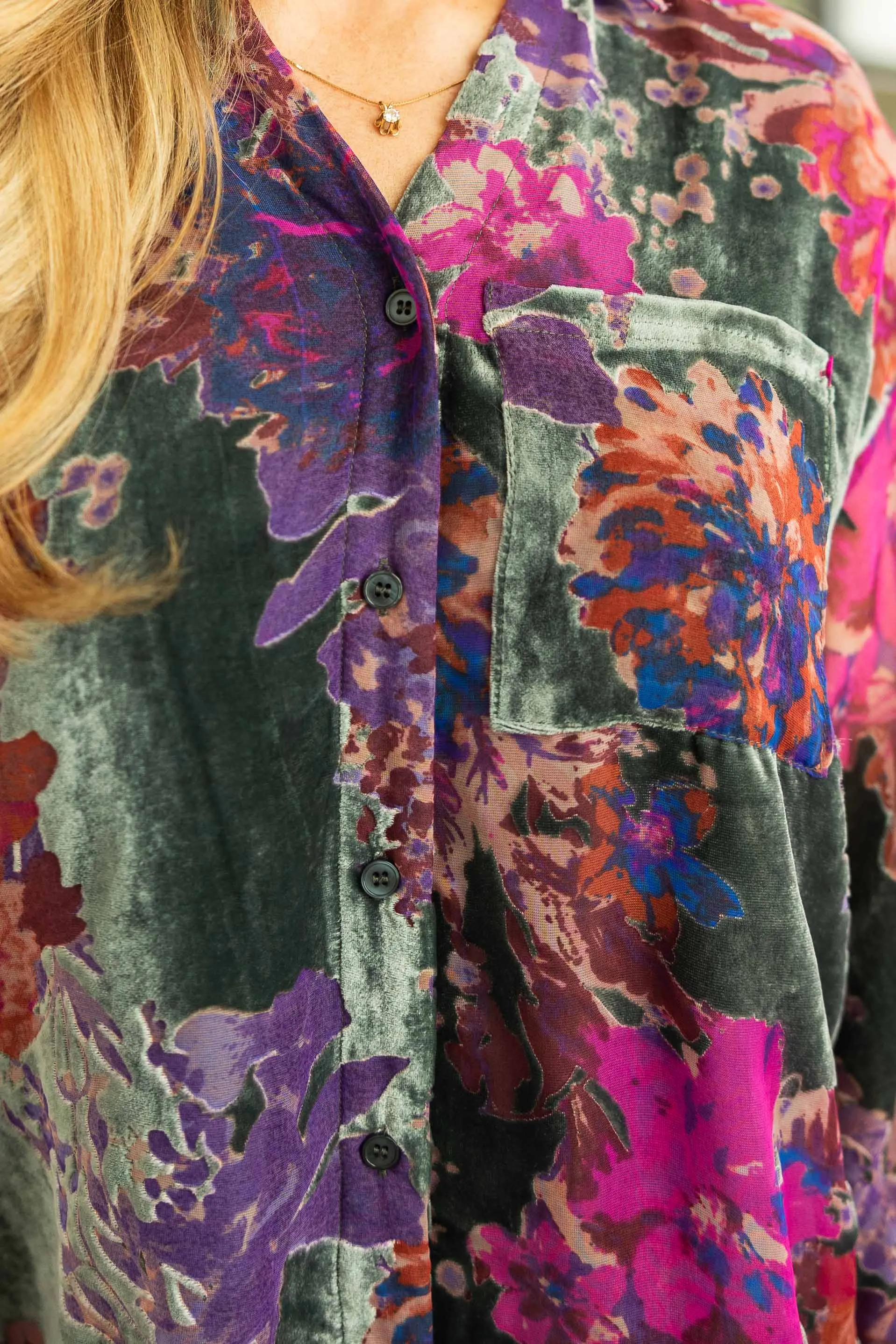 POPPY VELVET LONG SLEEVE BUTTON DOWN TOP