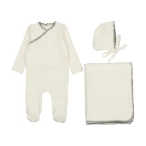 Powder blue embroidered cream 3 pc set by Mema Knits