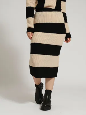 Pull On Striped Waffle Knit Skirt - Black/Beige