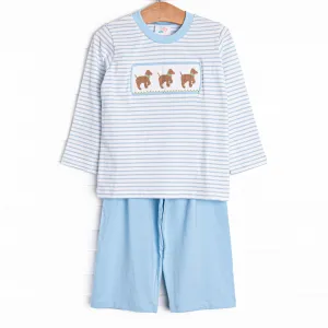 Puppy Present Smocked Pant Set, Blue