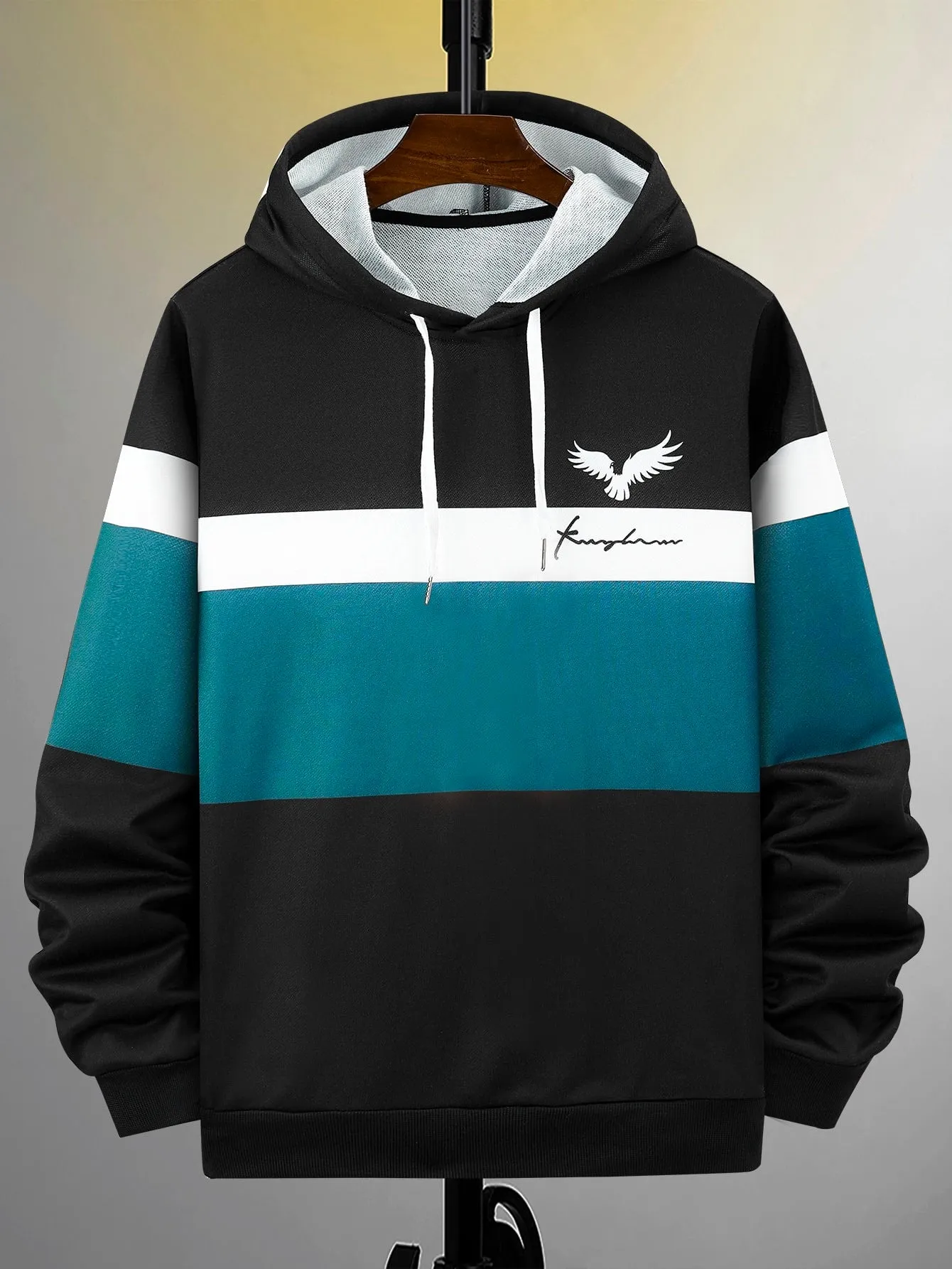 QA Homme Men Colour Block Letter Graphic Drawstring Hoodie