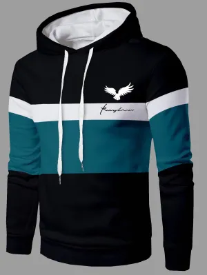 QA Homme Men Colour Block Letter Graphic Drawstring Hoodie