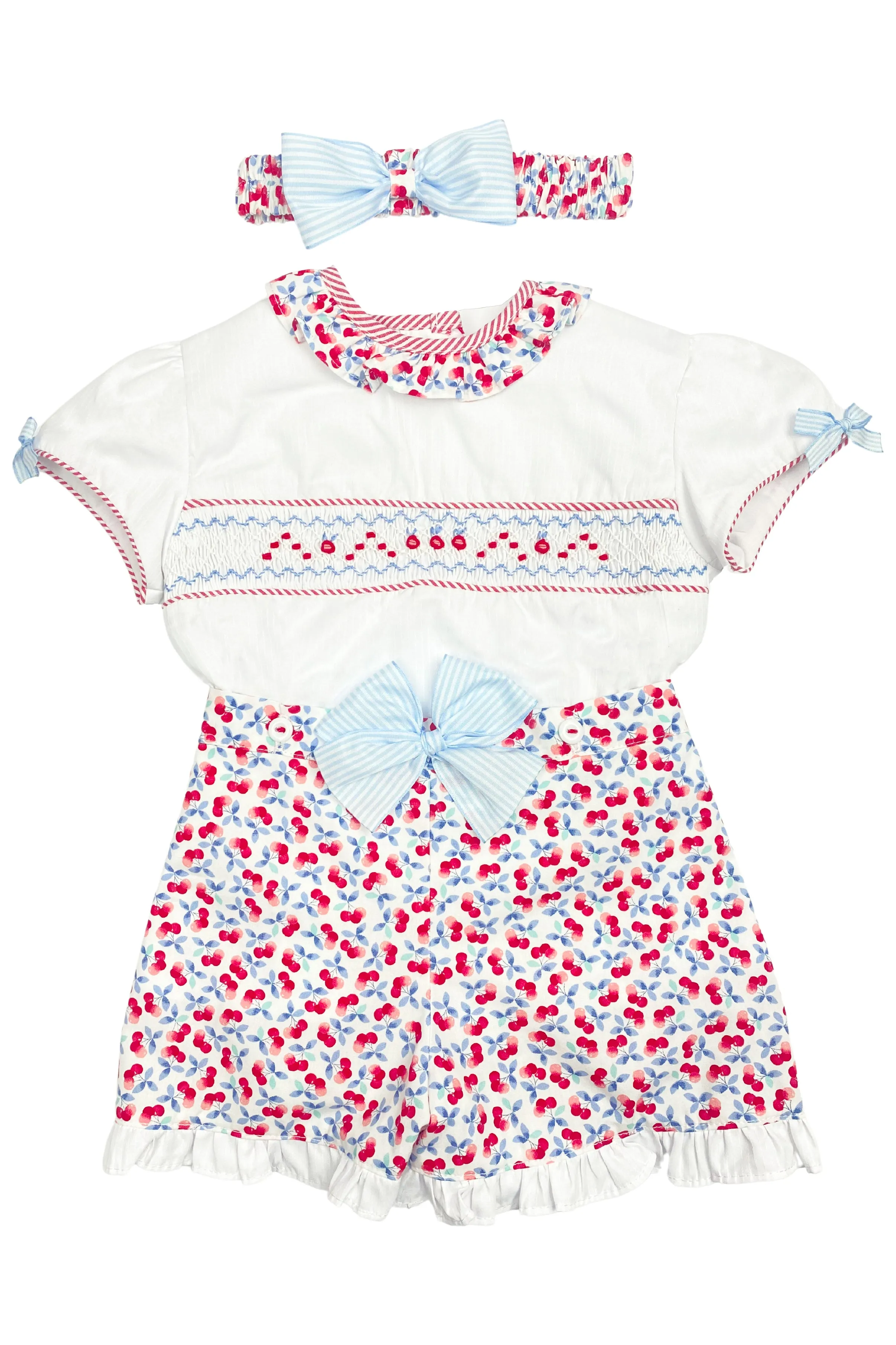 "Dottie" Red Cherry Print Smocked Blouse, Shorts & Headband