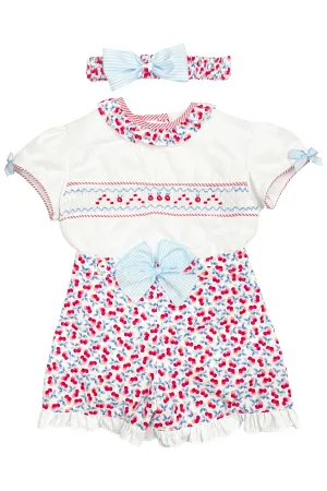 "Dottie" Red Cherry Print Smocked Blouse, Shorts & Headband