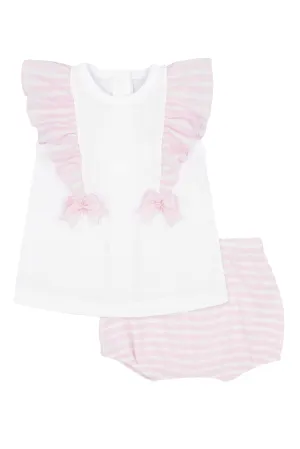 "Lizzie" Pink Striped Piqué Blouse & Bloomers