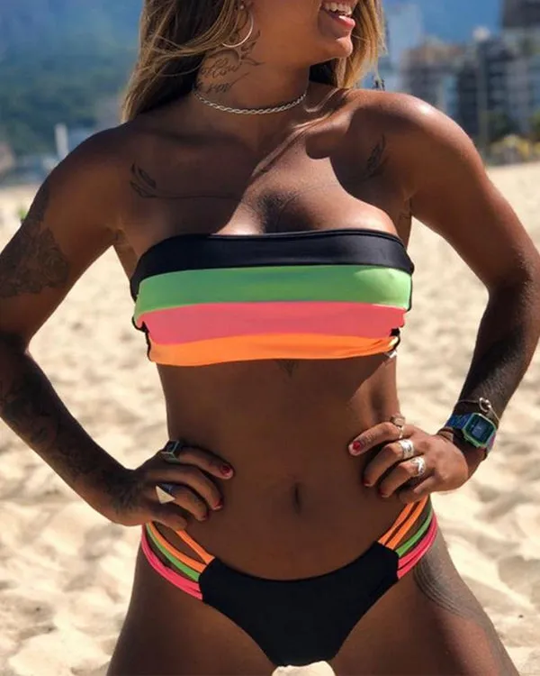 RainBow Striped Bandeau Bikini Sets