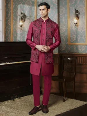 Red Hot Indo Western Set Suit with Black ThreadWork