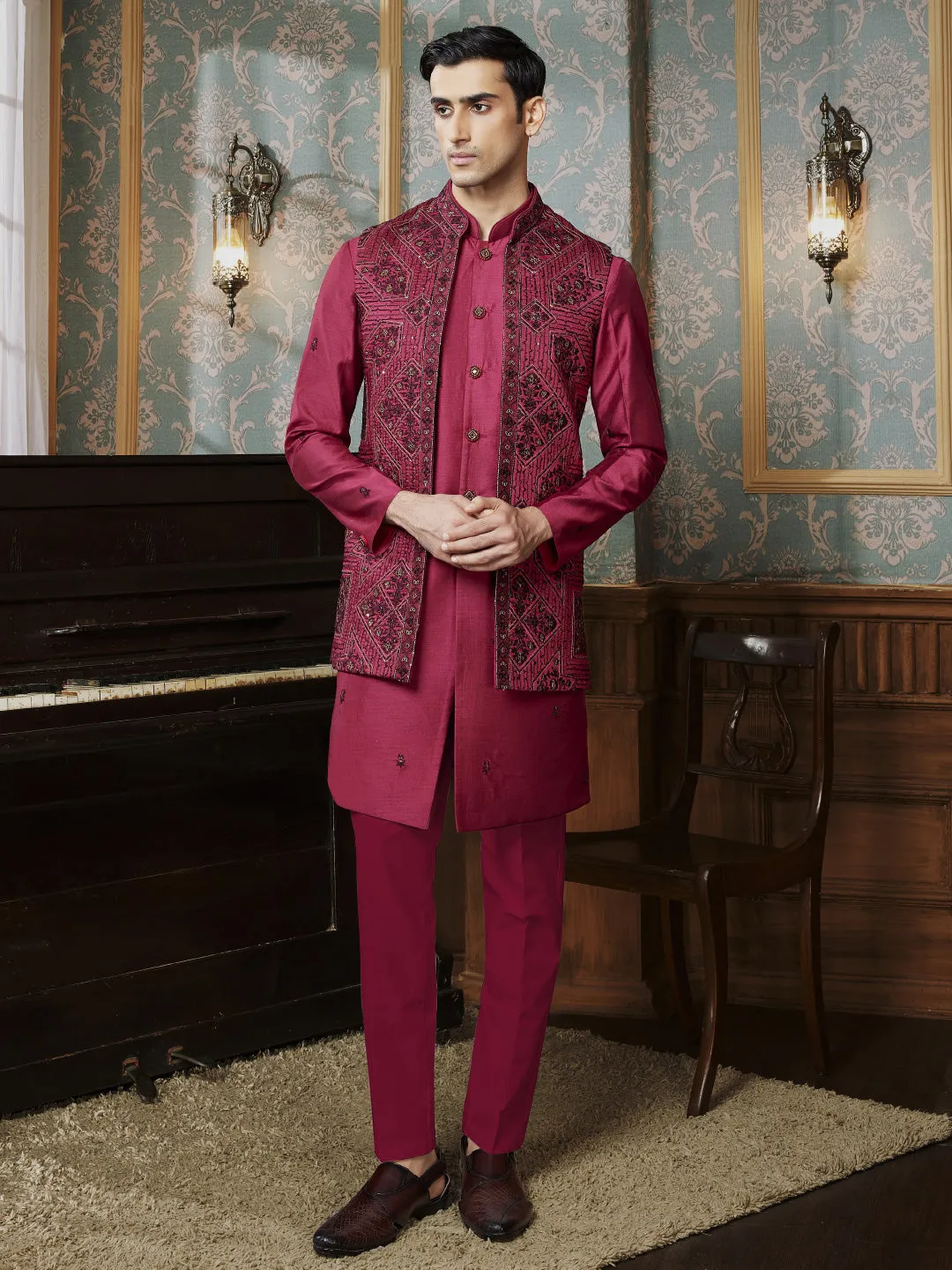 Red Hot Indo Western Set Suit with Black ThreadWork