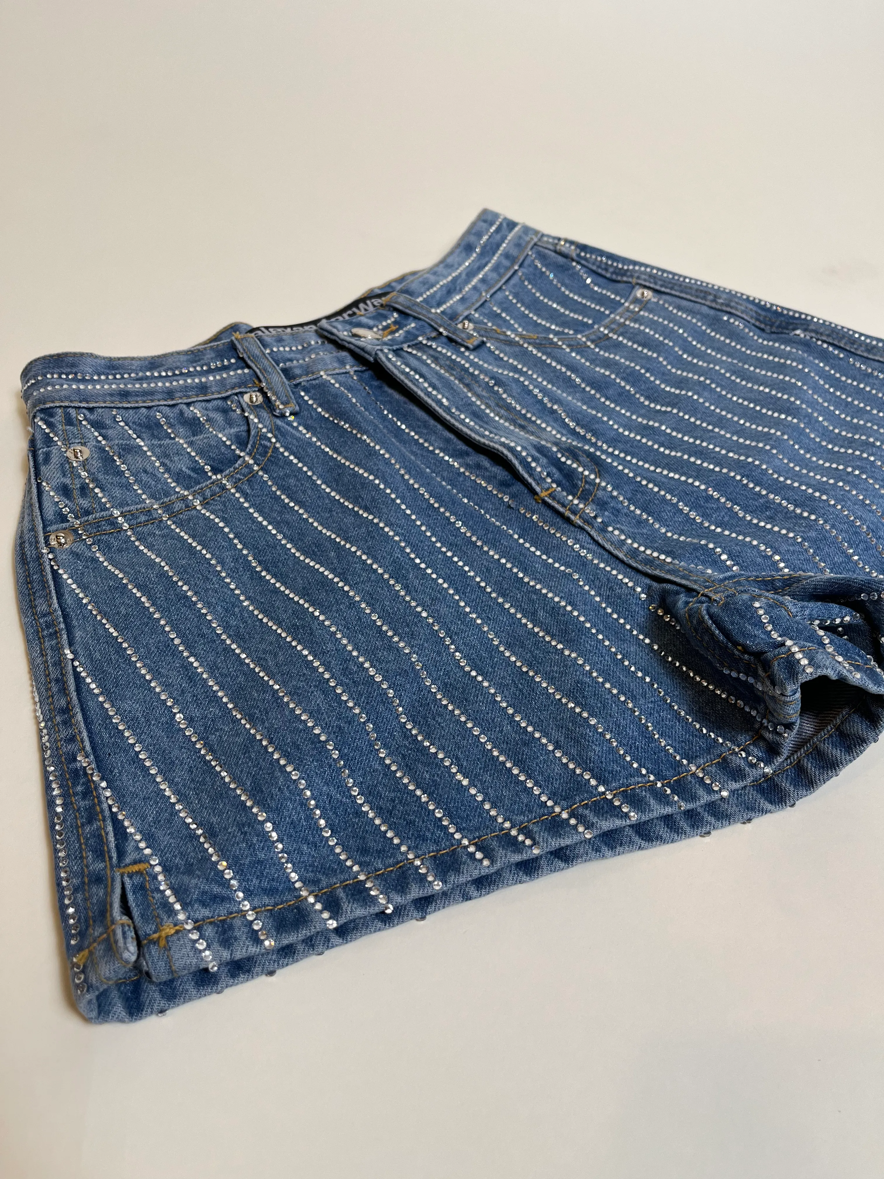 Rhinestone Embellished Stripe Denim Shorts