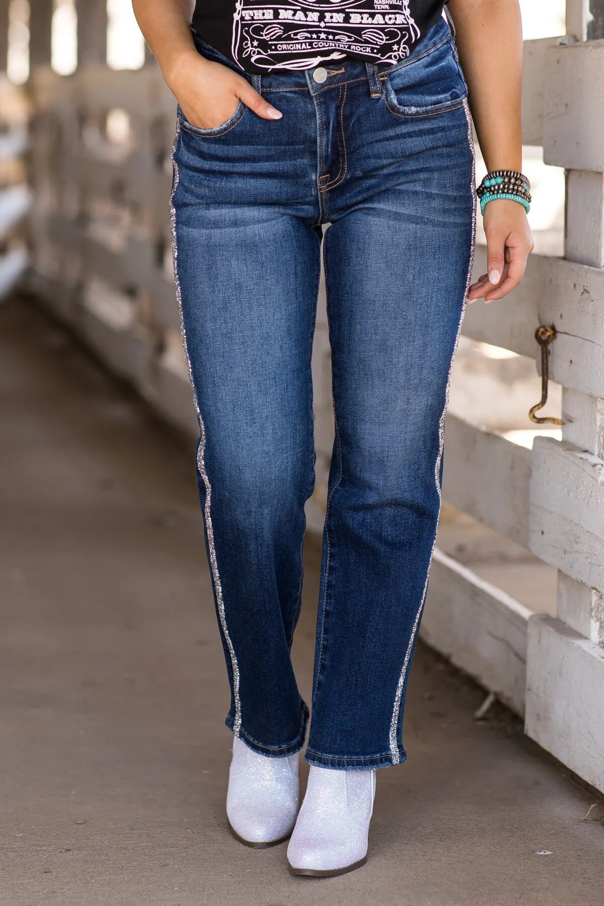 Risen Dark Wash Rhinestone Embellished Jeans