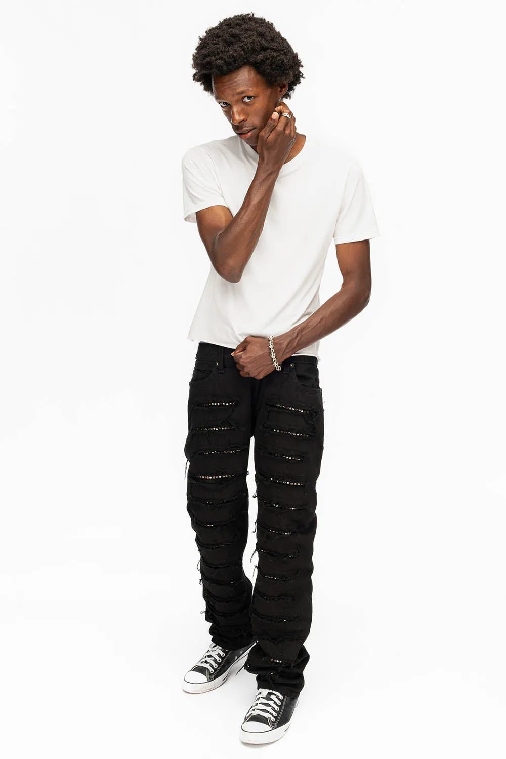 ROBIN'S VINTAGE EDITION JEANS WITH CRYSTALS IN DESTROY PURE BLACK