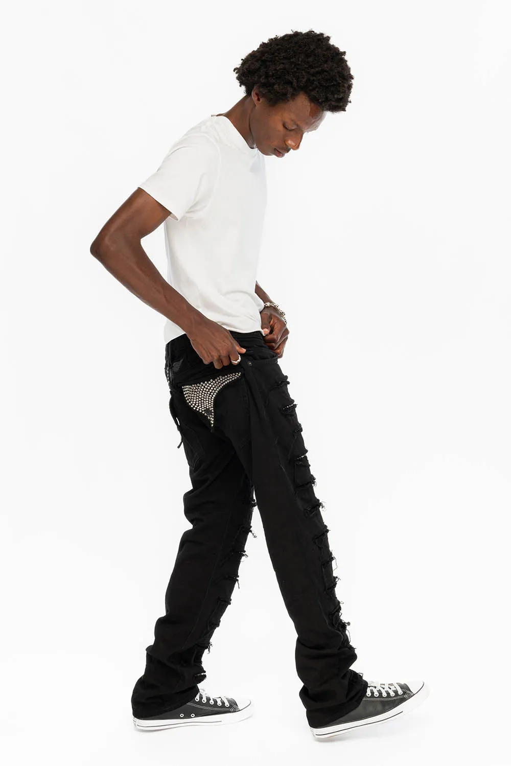 ROBIN'S VINTAGE EDITION JEANS WITH CRYSTALS IN DESTROY PURE BLACK