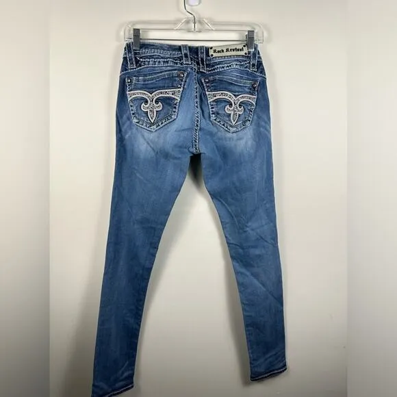Rock Revival Adele Skinny Jeans Destructed Knee Embellished Pocket Size 27
