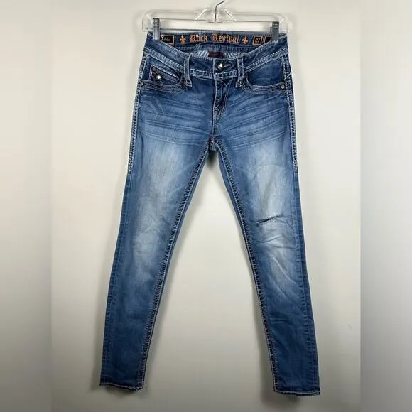 Rock Revival Adele Skinny Jeans Destructed Knee Embellished Pocket Size 27
