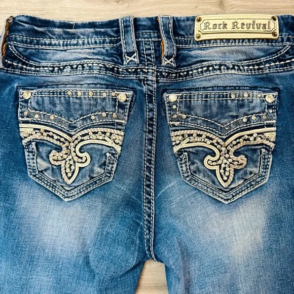 Rock Revival Rhinestone Embellished Irela Easy Straight Jeans Size 27 Waist​