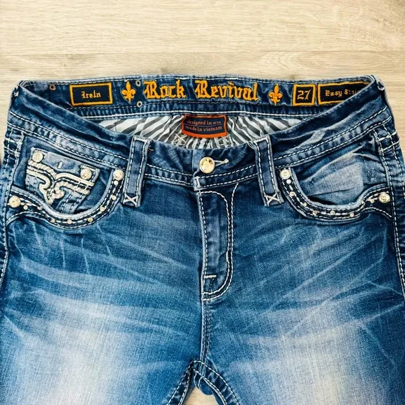 Rock Revival Rhinestone Embellished Irela Easy Straight Jeans Size 27 Waist​
