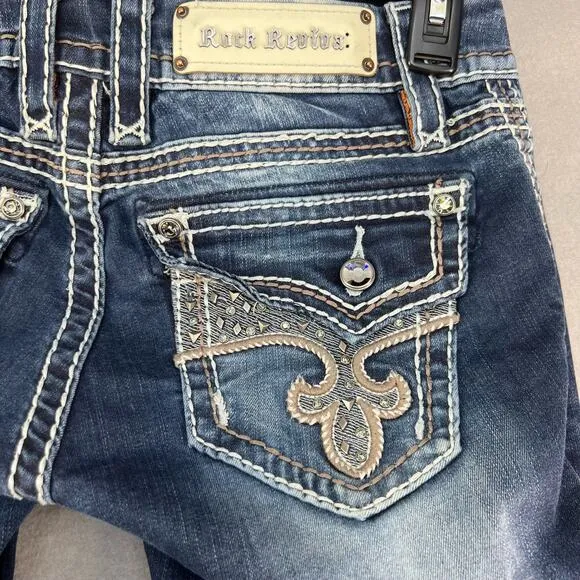 Rock Revival Women's Jeans Size 27 (4) Avery Straight Biker Moto Bling Crystal
