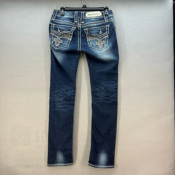 Rock Revival Women's Jeans Size 27 (4) Avery Straight Biker Moto Bling Crystal