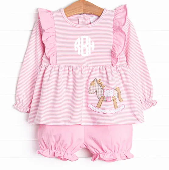 Rocking Horse Rider Applique Bloomer Set, Pink