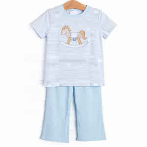 Rocking Horse Rider Applique Pant Set, Blue