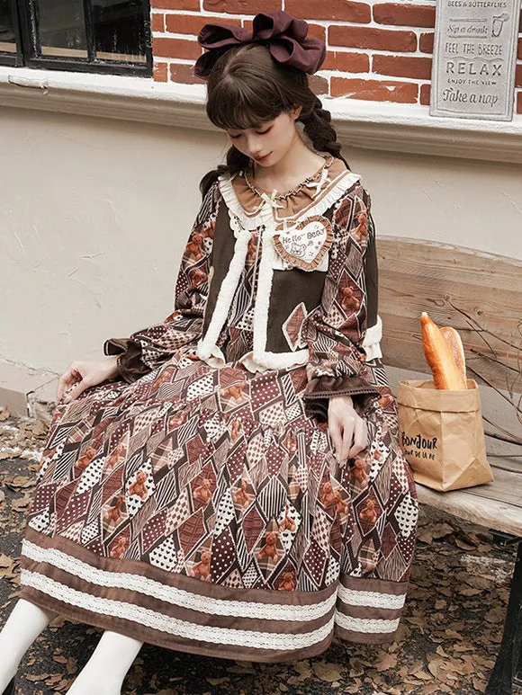ROCOCO Style Lolita Outfits Coffee Brown Floral Print Bows Ruffles Long Sleeves Top Dress