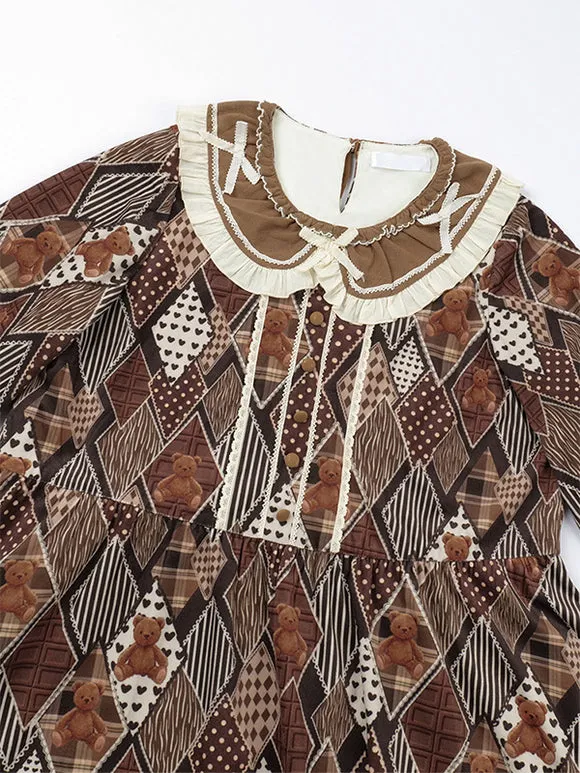 ROCOCO Style Lolita Outfits Coffee Brown Floral Print Bows Ruffles Long Sleeves Top Dress