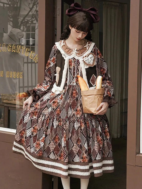 ROCOCO Style Lolita Outfits Coffee Brown Floral Print Bows Ruffles Long Sleeves Top Dress