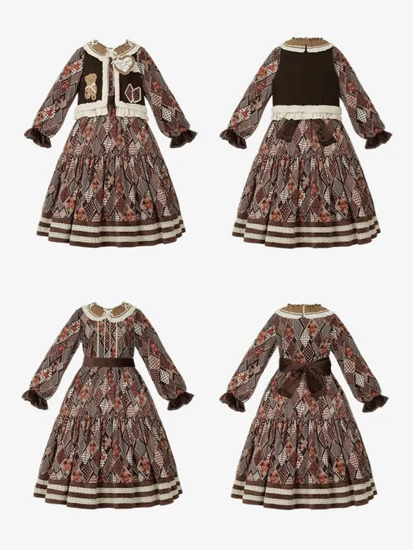 ROCOCO Style Lolita Outfits Coffee Brown Floral Print Bows Ruffles Long Sleeves Top Dress