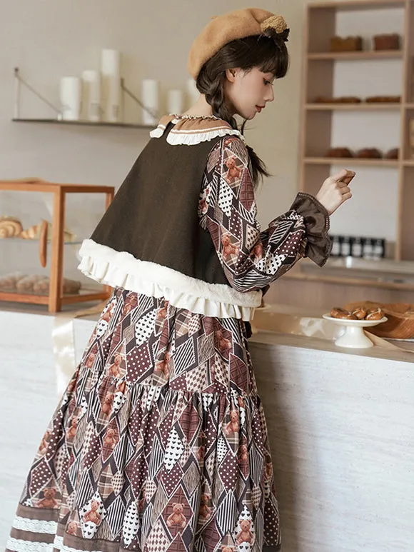 ROCOCO Style Lolita Outfits Coffee Brown Floral Print Bows Ruffles Long Sleeves Top Dress