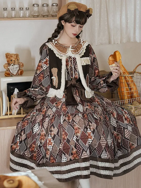 ROCOCO Style Lolita Outfits Coffee Brown Floral Print Bows Ruffles Long Sleeves Top Dress