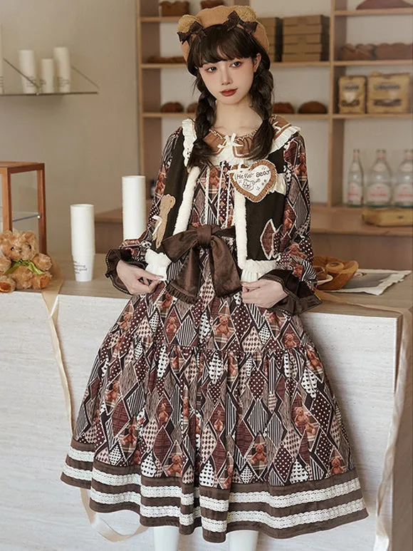 ROCOCO Style Lolita Outfits Coffee Brown Floral Print Bows Ruffles Long Sleeves Top Dress