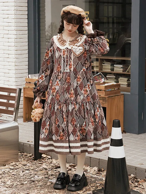 ROCOCO Style Lolita Outfits Coffee Brown Floral Print Bows Ruffles Long Sleeves Top Dress