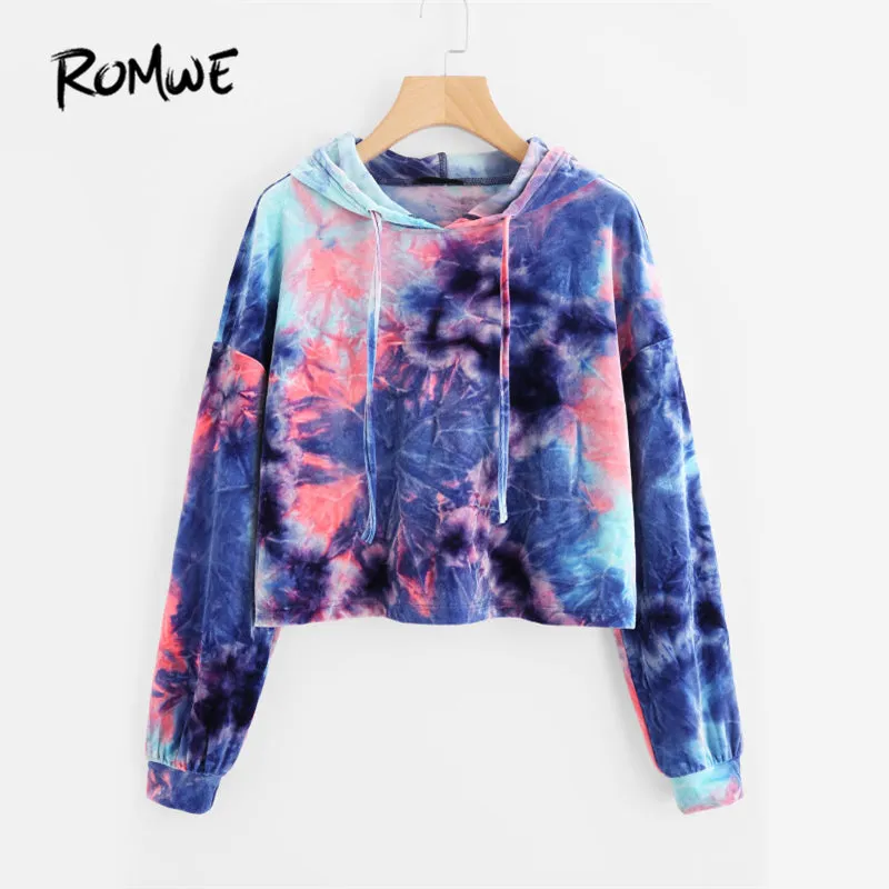 ROMWE Tie Dye Velvet Crop Hoodies 2017 Multicolor Long Sleeve Women Boho Hooded Sweatshirt Spring Fall New Funny Casual Hoodies